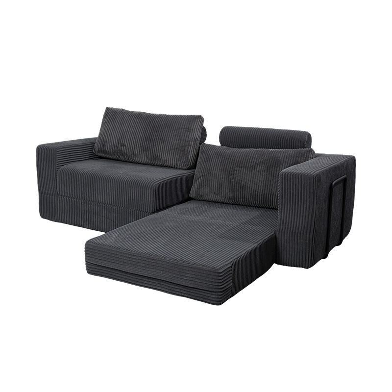 Sofá convertible moderno en pana gris oscuro con cojines, diseño modular flexible