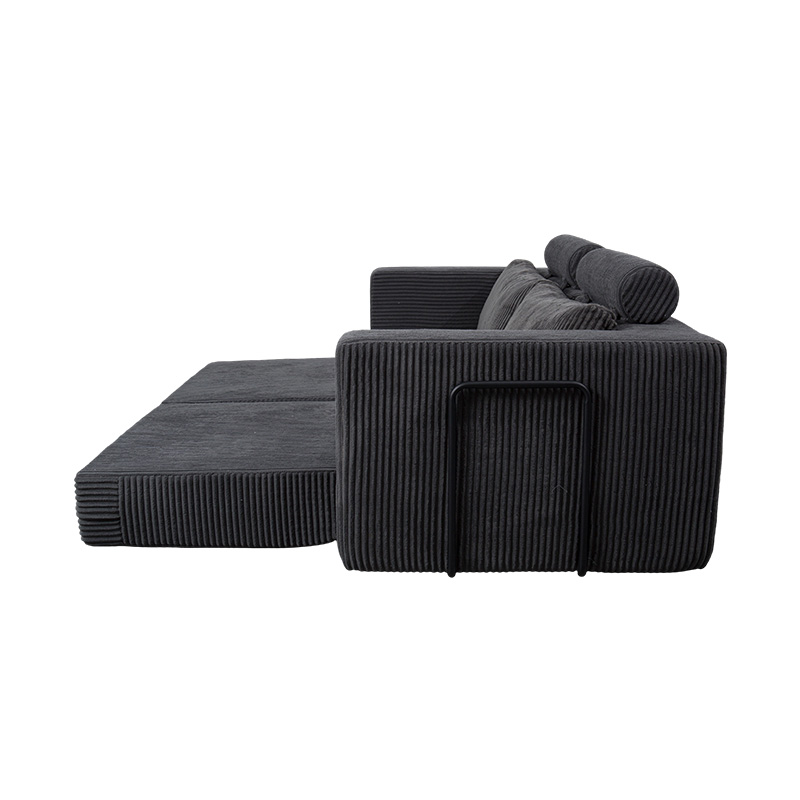Sofá convertible moderno en pana gris oscuro con cojines, diseño modular flexible