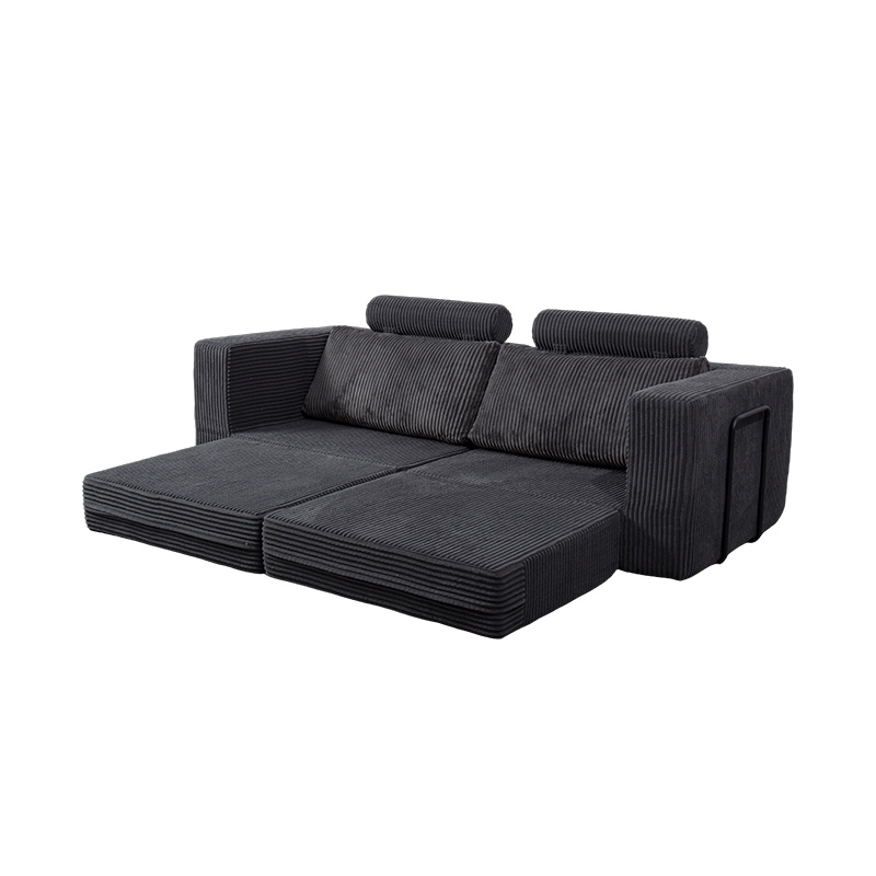Sofá convertible moderno en pana gris oscuro con cojines, diseño modular flexible