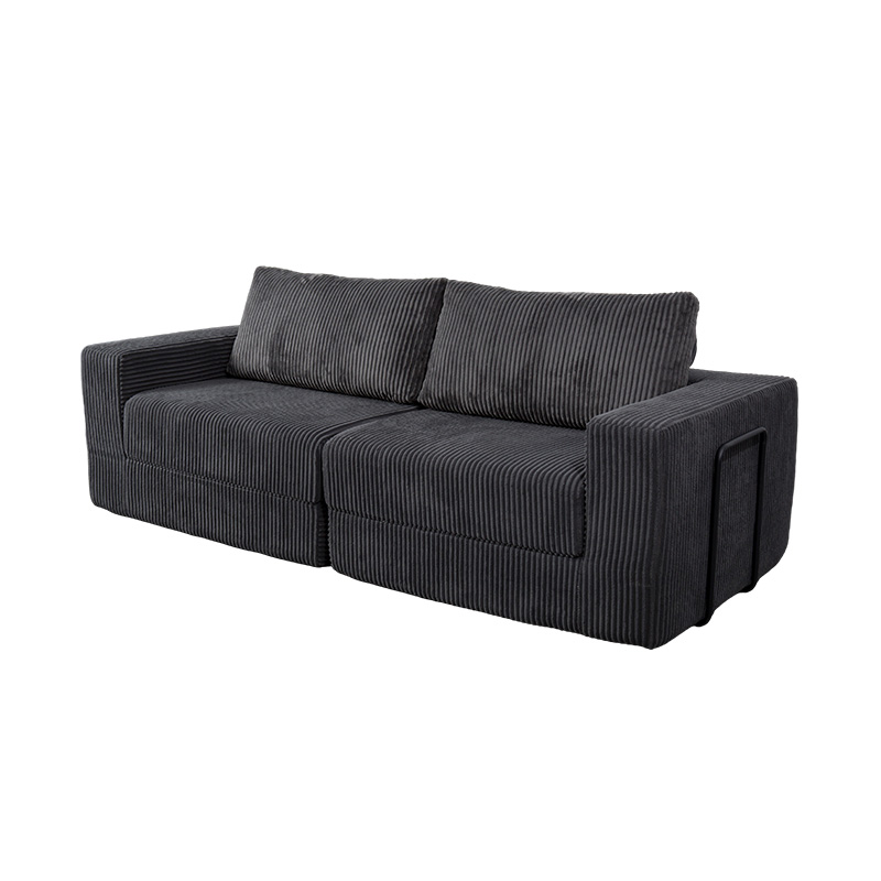 Sofá convertible moderno en pana gris oscuro con cojines, diseño modular flexible