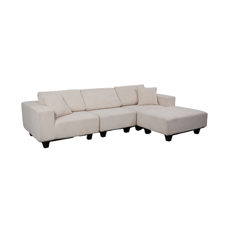 Sofá esquinero grande en forma de L de pana color blanquecino con diseño minimalista moderno Sofá esquinero grande en forma de L de pana color blanquecino con diseño minimalista moderno