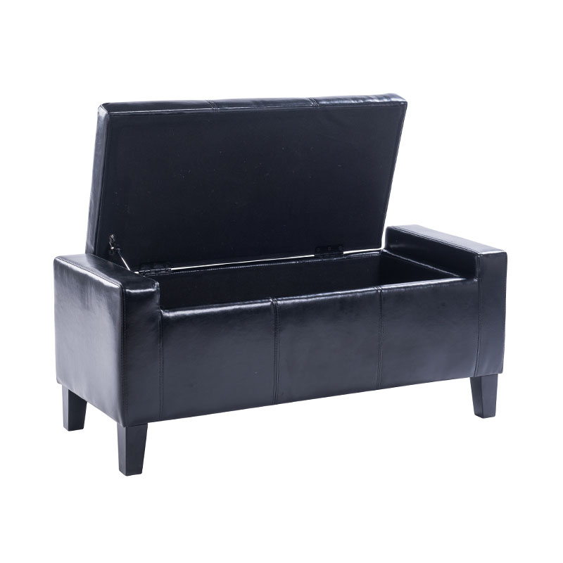Taburete de almacenamiento de cuero con pie de madera de caucho negro simple